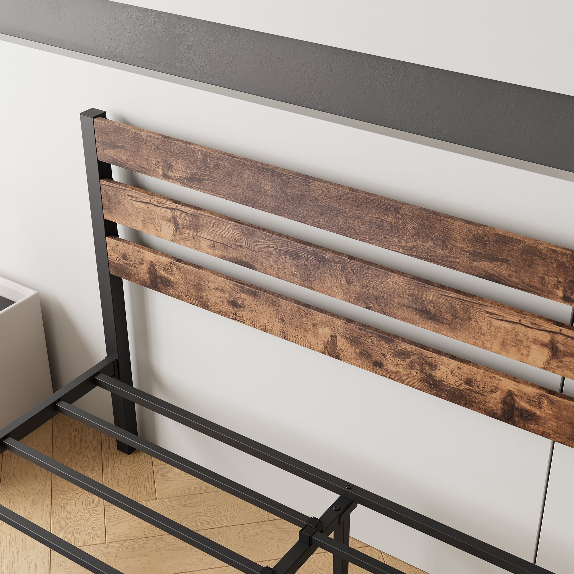 MAYEERTY Queen Platform Bed Frame with Rustic Vintage Wood Headboard, Strong Metal Slats Support Mattress Foundation, Brown