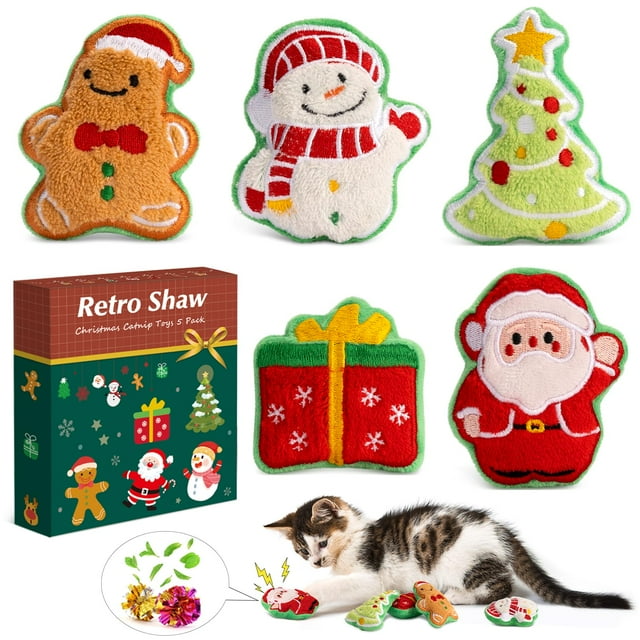 Juguetes navideños para gatos Retro Shaw, paquete de 5 con hierba gatera y Silvervine