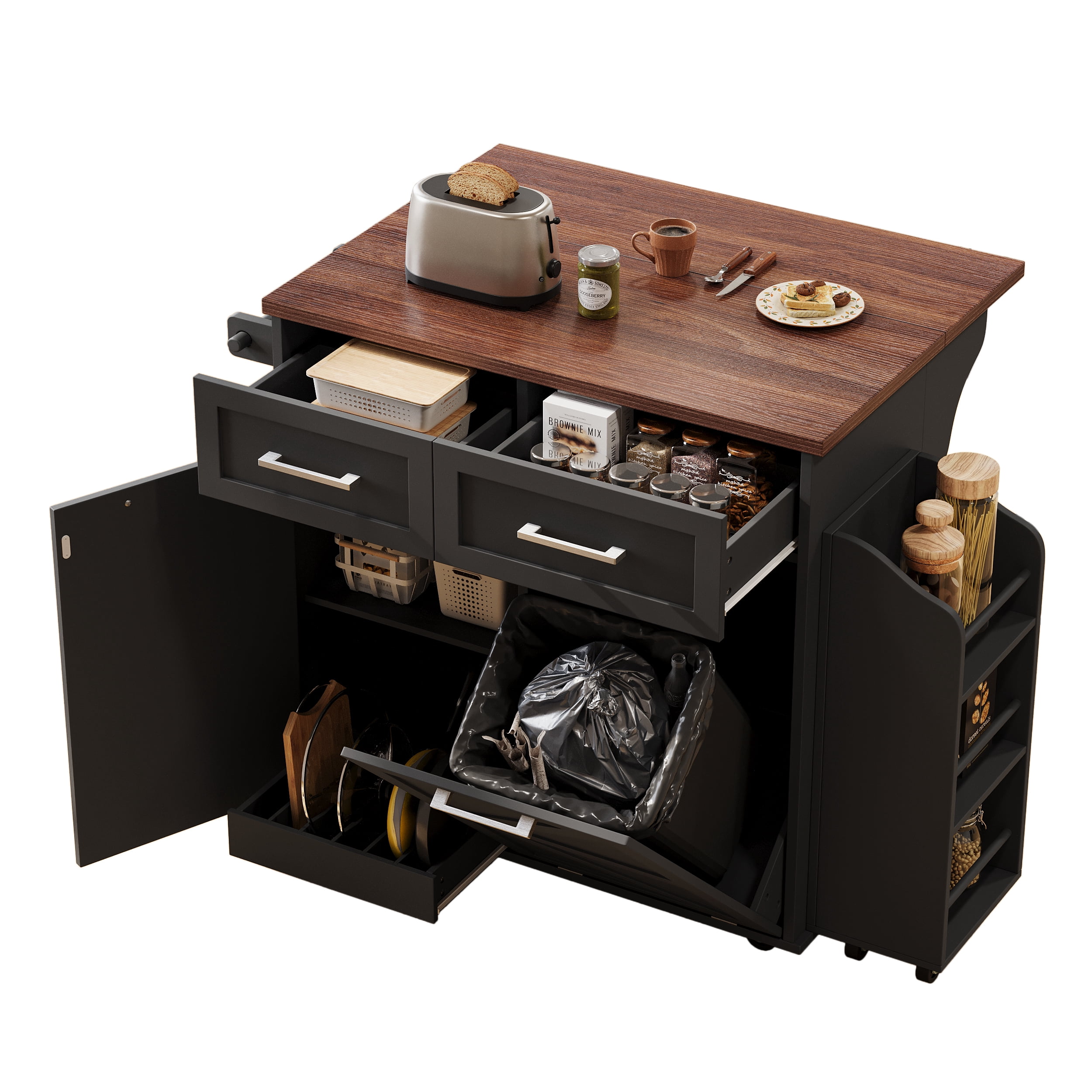 Euroco 47.2" Farmhouse Kitchen Island with Drop Leaf, Kitchen Storage Island with Removable Side Racks, Two Drawers, Rolling Kitchen Cart on Wheels with Towel Rack