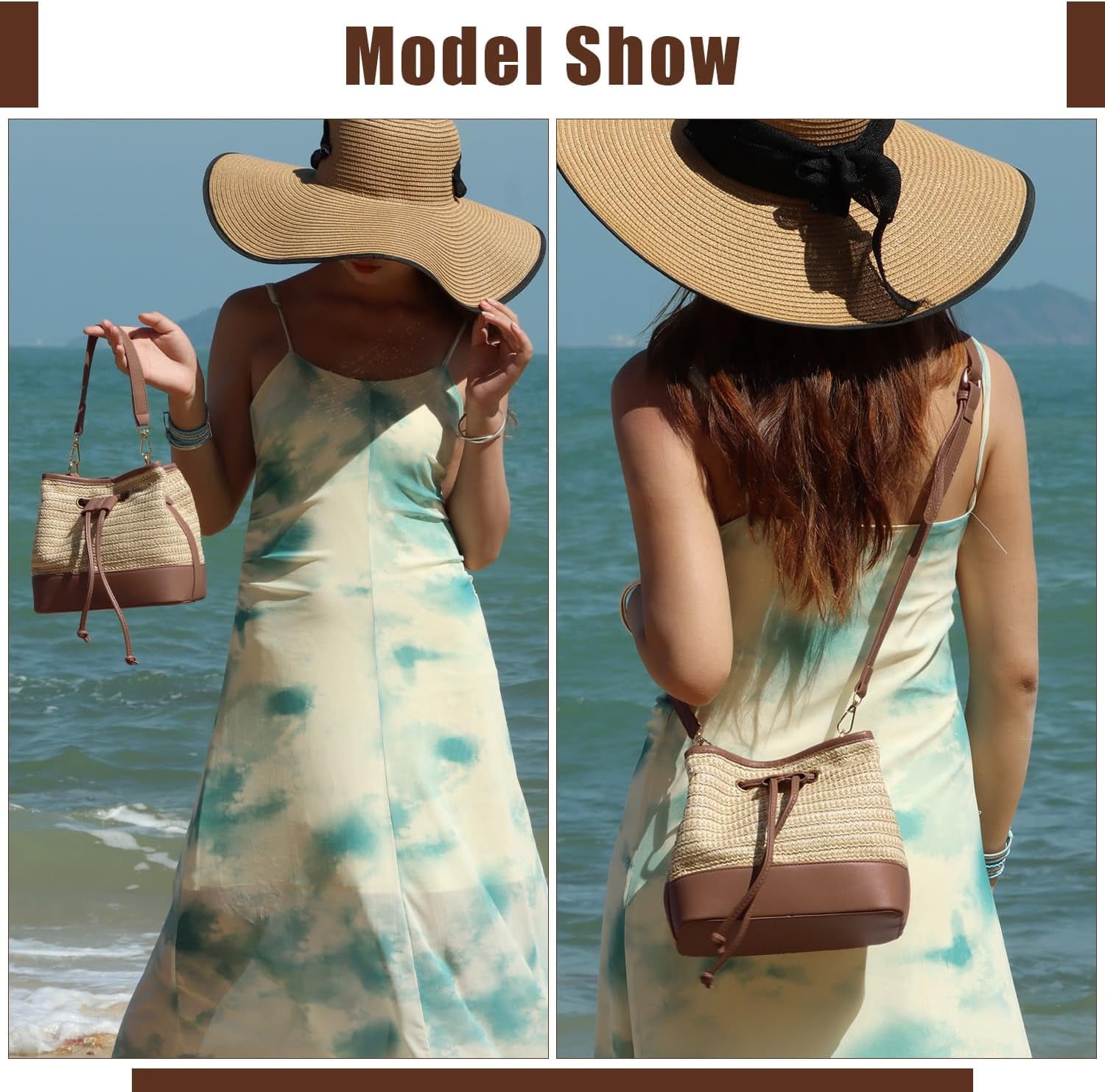 Straw Drawstring Shoulder Bag Bucket Bag for Women Summer Handwoven Beach Vacation Handbag Crossbody Bag