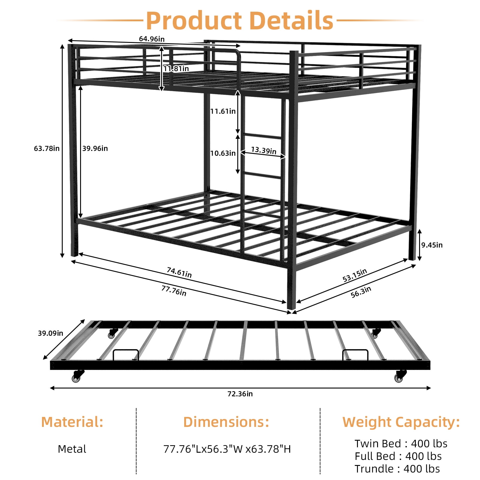 Bunk Bed with Trundle, Full Over Full Bunk Bed - Square Tube Iron Frame with Safety Rails and Rolling Trundle, Multi-Level Sleeping System for Family or Dorm, Easy Assembly, Black
