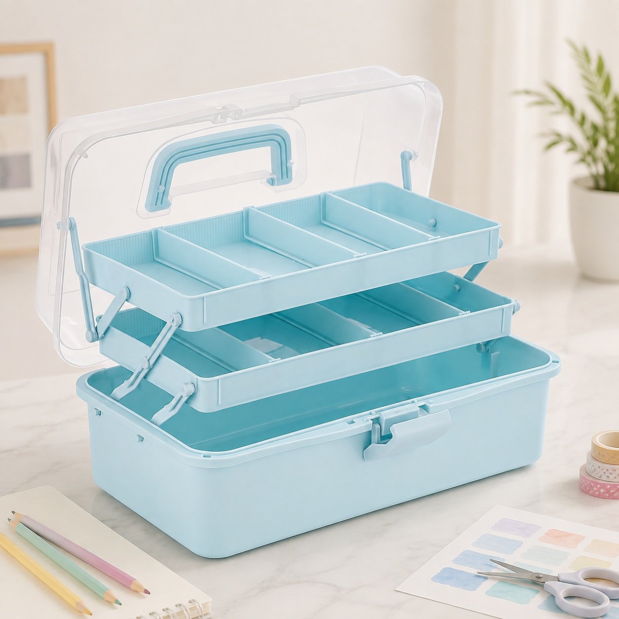 3-Layer Plastic Dividing Storage Box with Adjustable Spacers | Portable Handled Art Supply Organizer Multipurpose Home Utility Box for Medicine & Sewing (Blue)