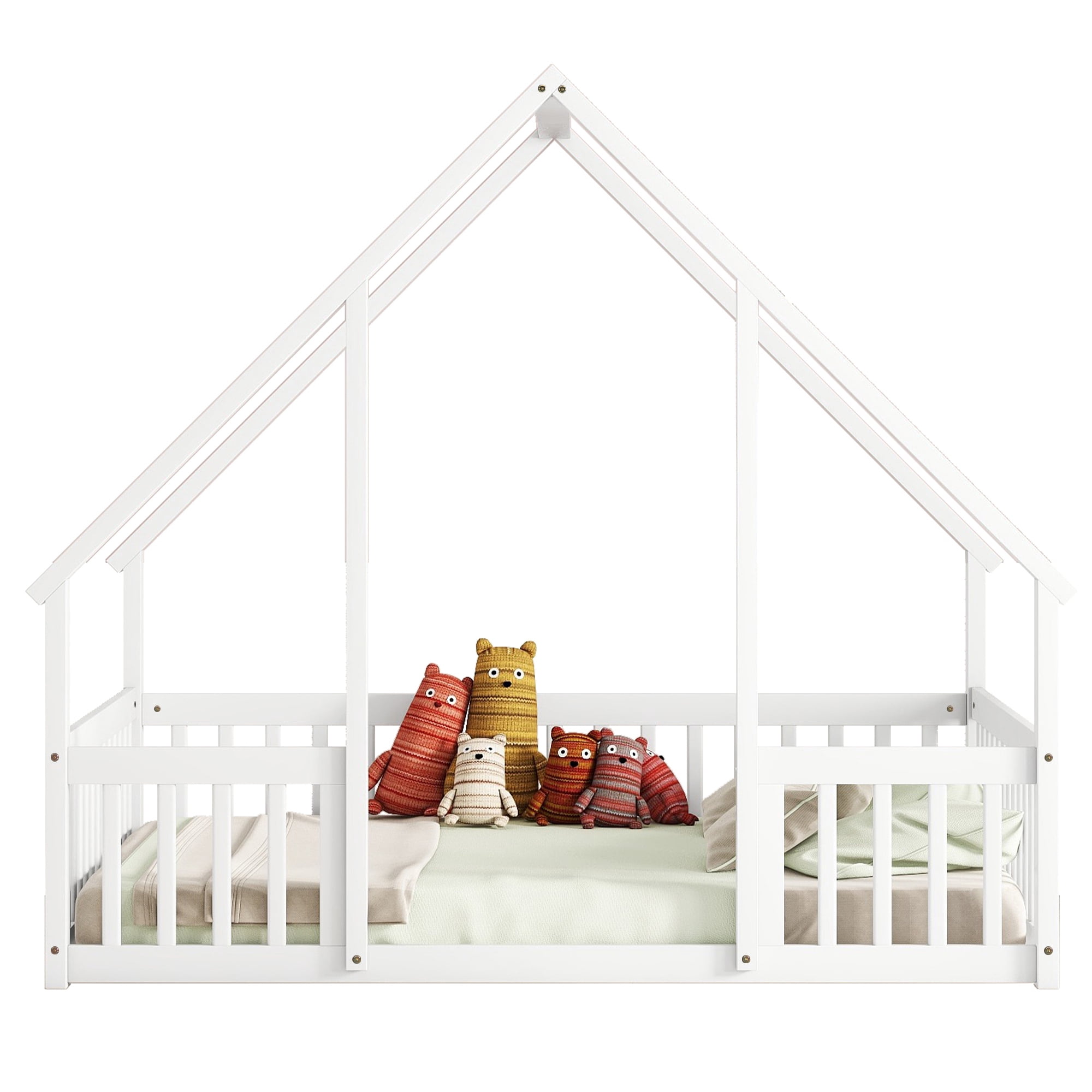 Leumius Full Wood House-Shaped Floor Bed with Fence, Guardrails for Boys Girls White