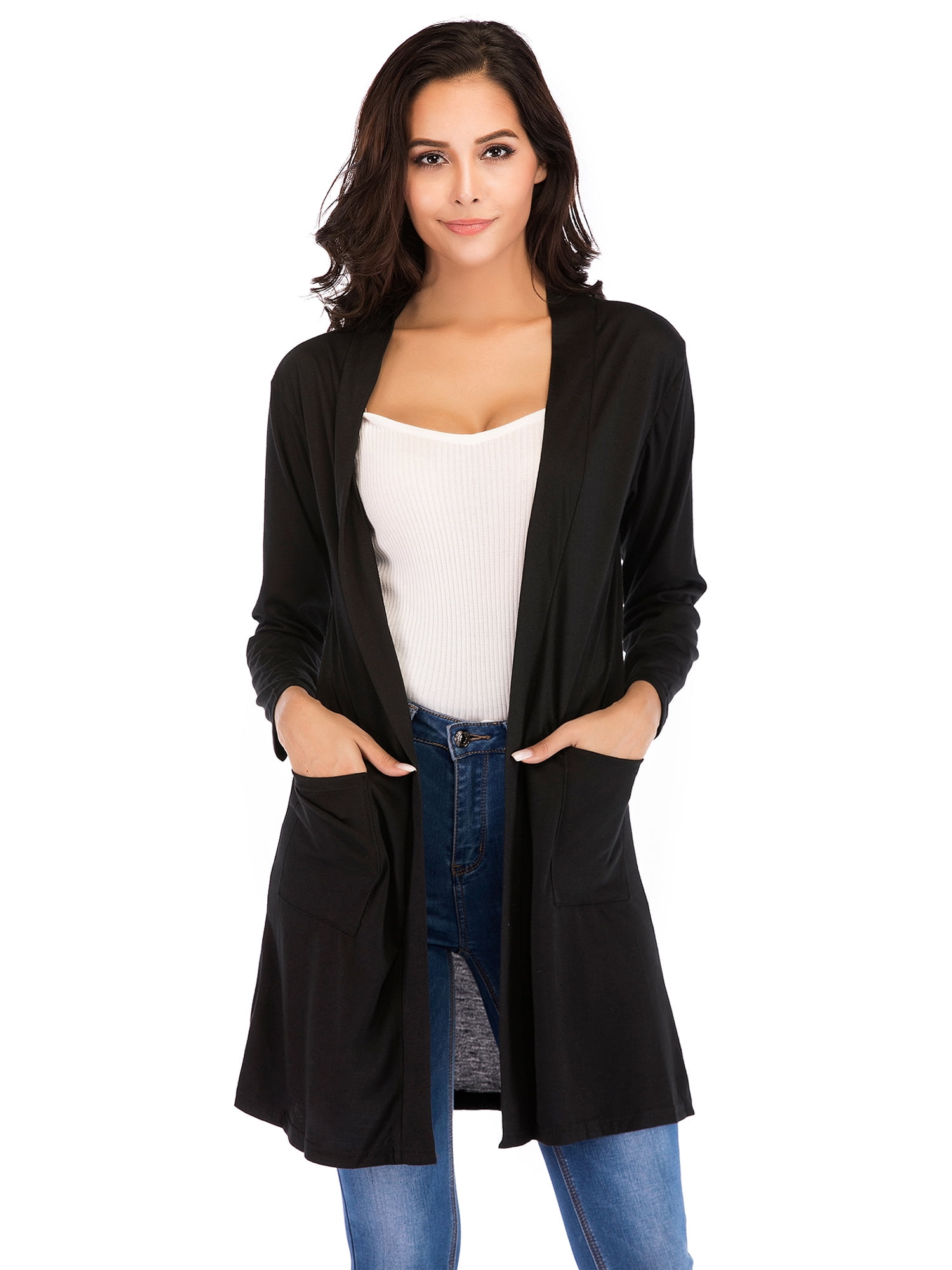 LELINTA Women's Long Sleeve Maxi Cardigan Open-Front Cardigan with Pocket  Solid Tops Black/Navy - Walmart.com