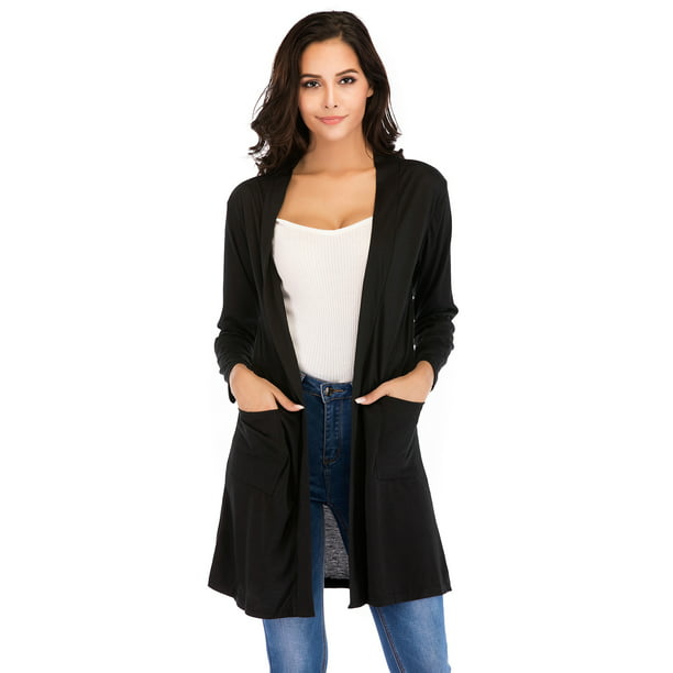 LELINTA Womens Knitted Maxi Open Front Cardigan Pocket Versatile Wrap Long Sleeve Tops Black - Walmart.com
