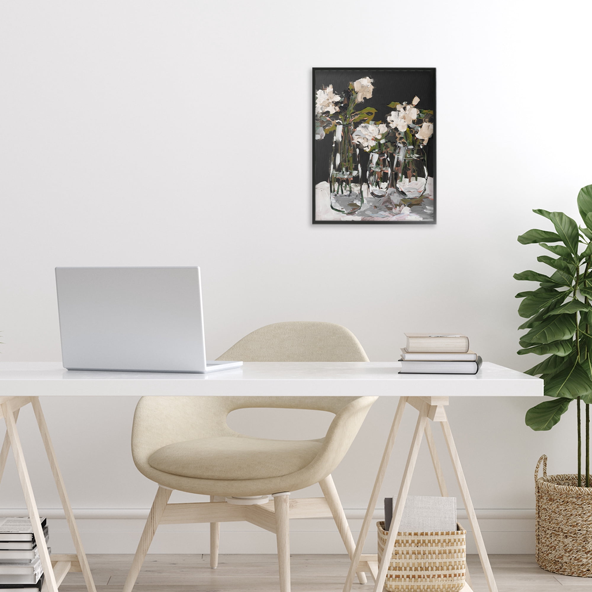 Stupell Industries Three Flower Vases on Black Black Framed Giclee Art, design by Jane Slivka