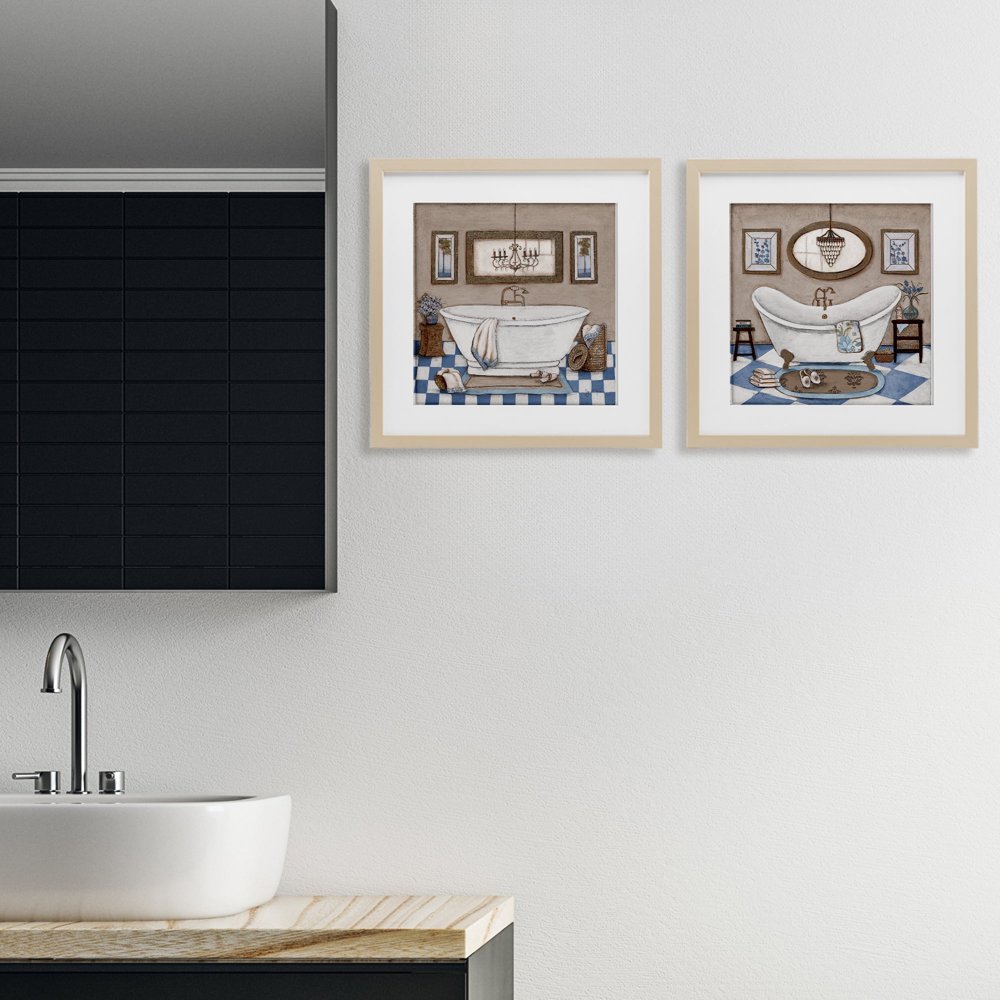 Stupell Industries Tiled Bathroom Views 2 Piece Birch Framed Print Under Glass Set, design by Janet Tava