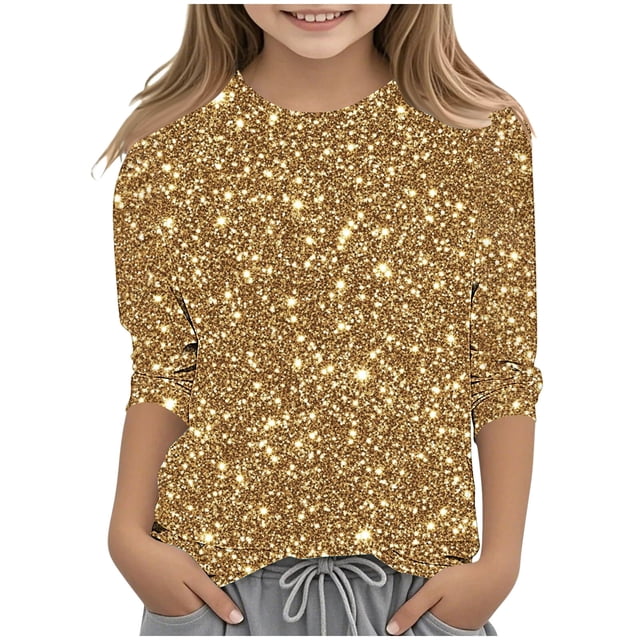 lcziwo Hauts Scintillants pour Filles Automne Manches 3/4 Col Rond Chandail Mode Blouse Graphique à Paillettes Scintillantes Multicolore Ropa de Verano Para Mujer