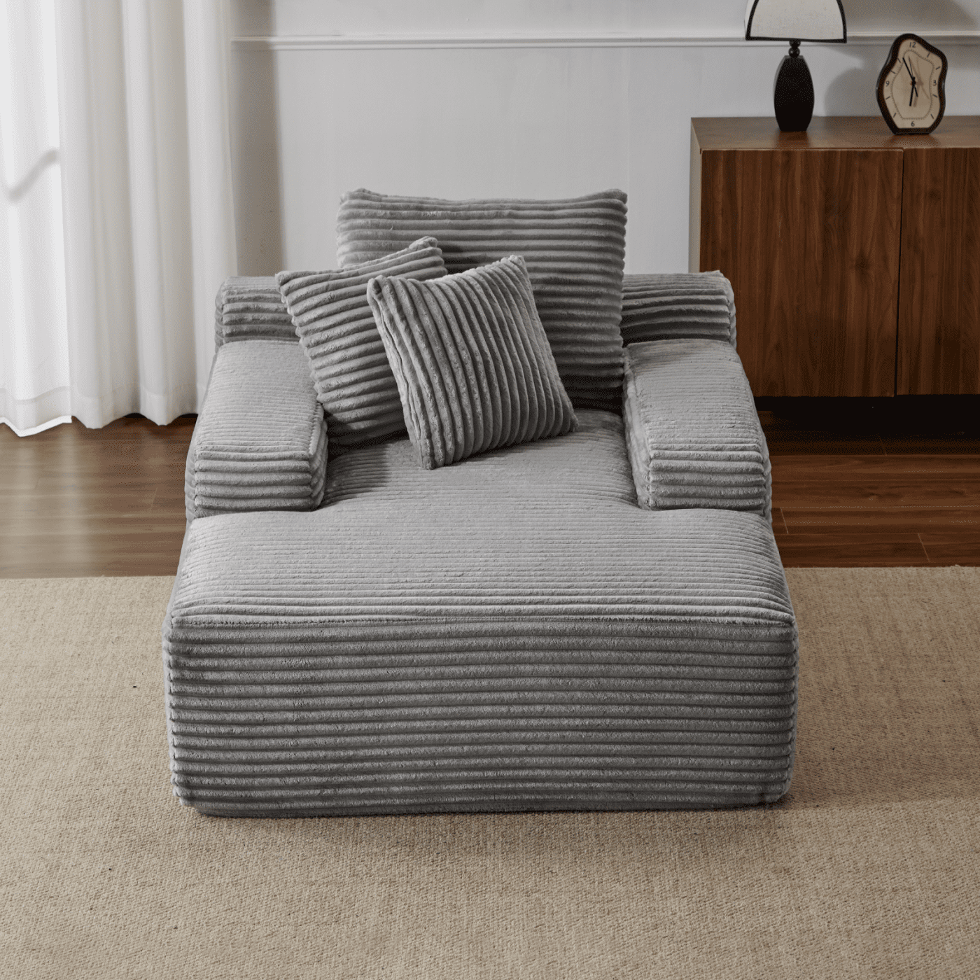 Oversized Chaise Lounge Chair Indoor, Corduroy Upholstered Sleeper Sofa Daybed with 3 Throw Pillows and Wide Armrest for Living Room, No Assembly Required,Gray