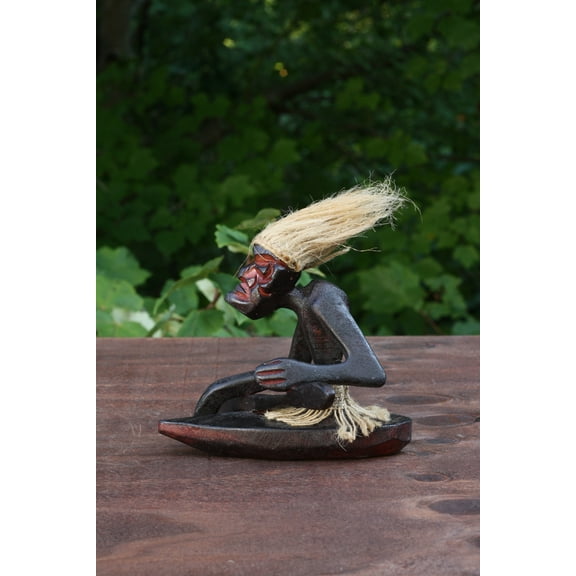 Handmade Wooden Primitive Tribal Kayaking Statue Canoe Funny Sculpture Tiki Bar Handcrafted Unique Gift Decor Accent Figurine Hand Carved - C