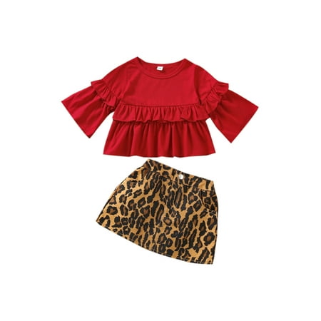 

Calsunbaby Little Girls Fashion 2Pcs Outfits Classic Solid Color Bilayer Ruffle Trumpet Long Sleeve T-shirt Leopard Short Skirt Set