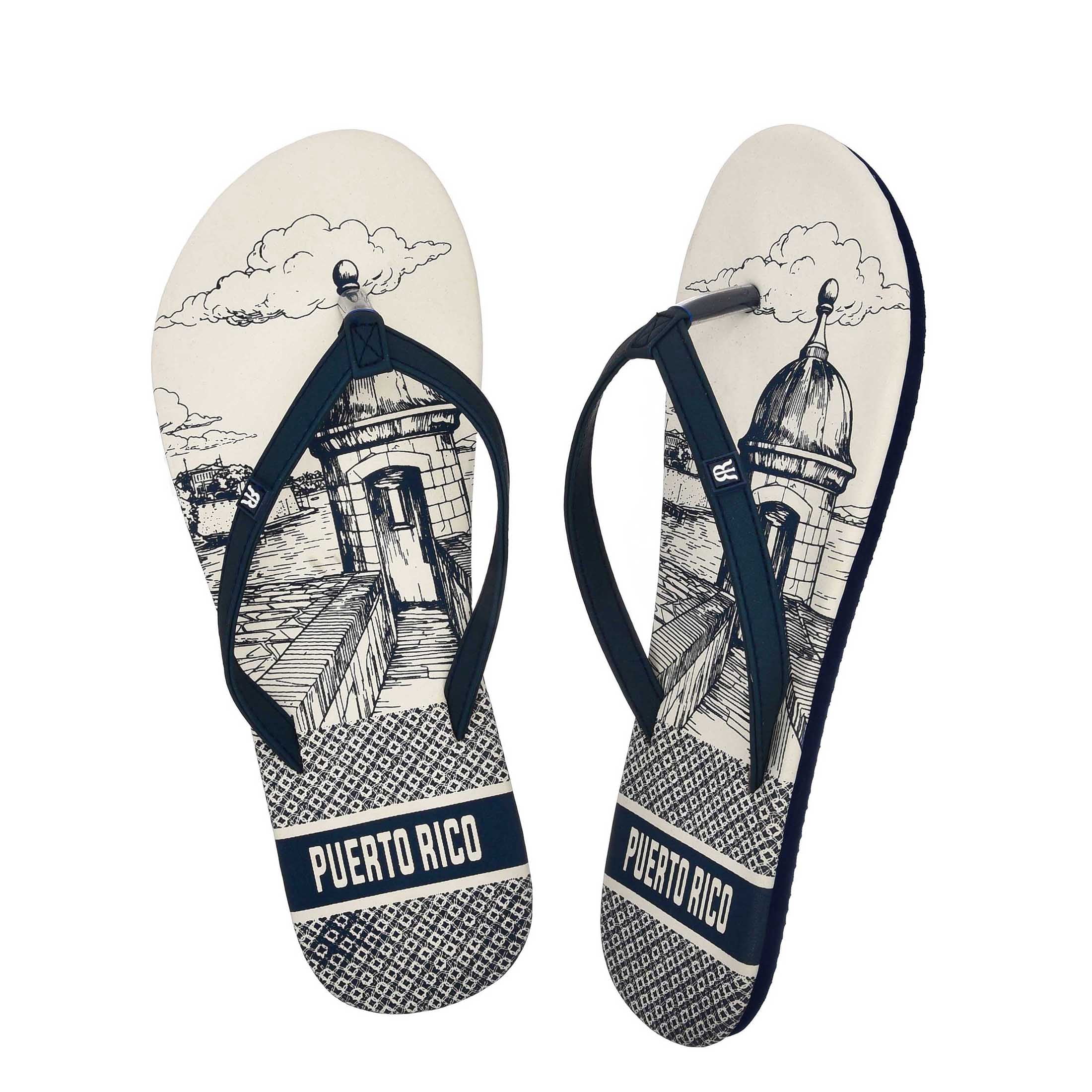 Robin Ruth Womens Flip Flop Navy, Designed with Typical Puerto Rico Stamps, Rubber Outsole, Vibrant Colors and Designs