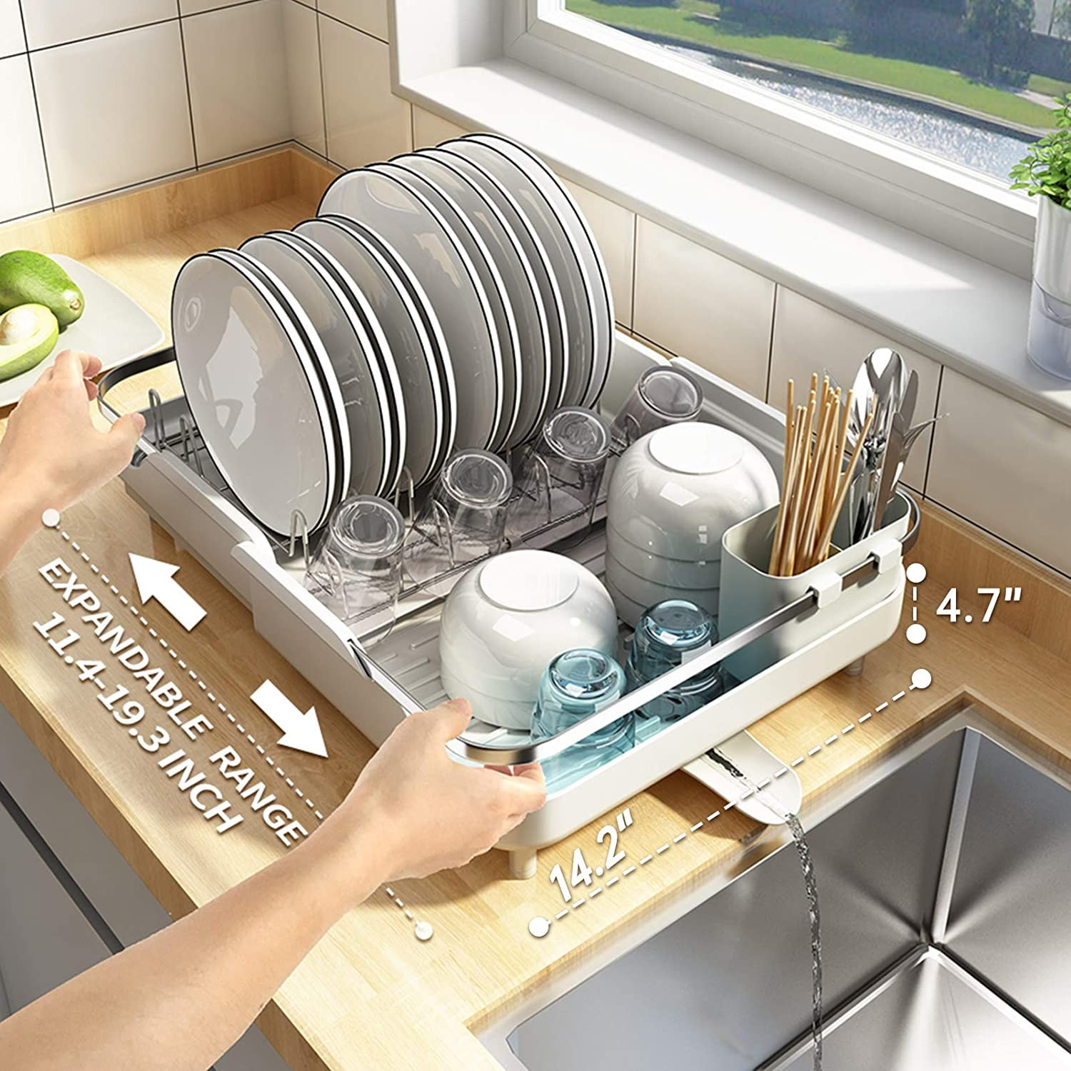 MR.SIGA Dish Drying Rack for Kitchen Counter, Compact Dish Drainer with Drainboard, Utensil Holder and Cup Rack, White, Size: 15.9*11.8*5.31 inch/40.5