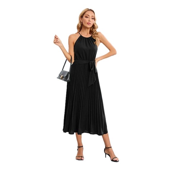 Women's Pleated Spaghetti Strap Tie Waist Midi Dress 95% Polyester 5% Spandex Lightweight Sheer Finish for any occasion
