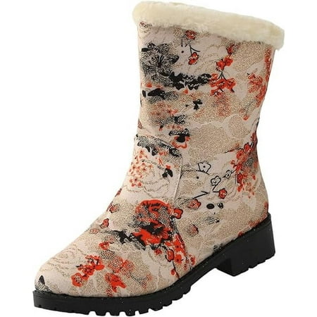 

HOLXI 2024 Thick heeled plush retro trendy printed snow boots in red