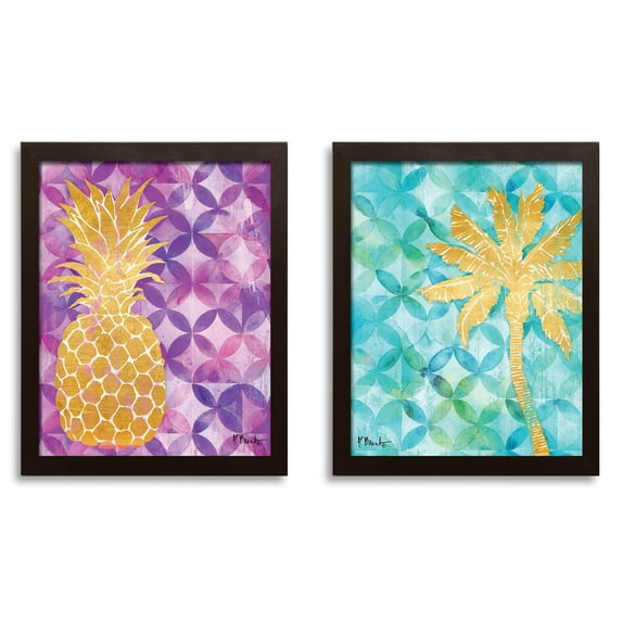 Tropical Teal, Purple and Gold Watercolor-Style Pineapple and Palm Tree Patterned Set; Two 11x14in Brown Framed Prints; Ready to hang!