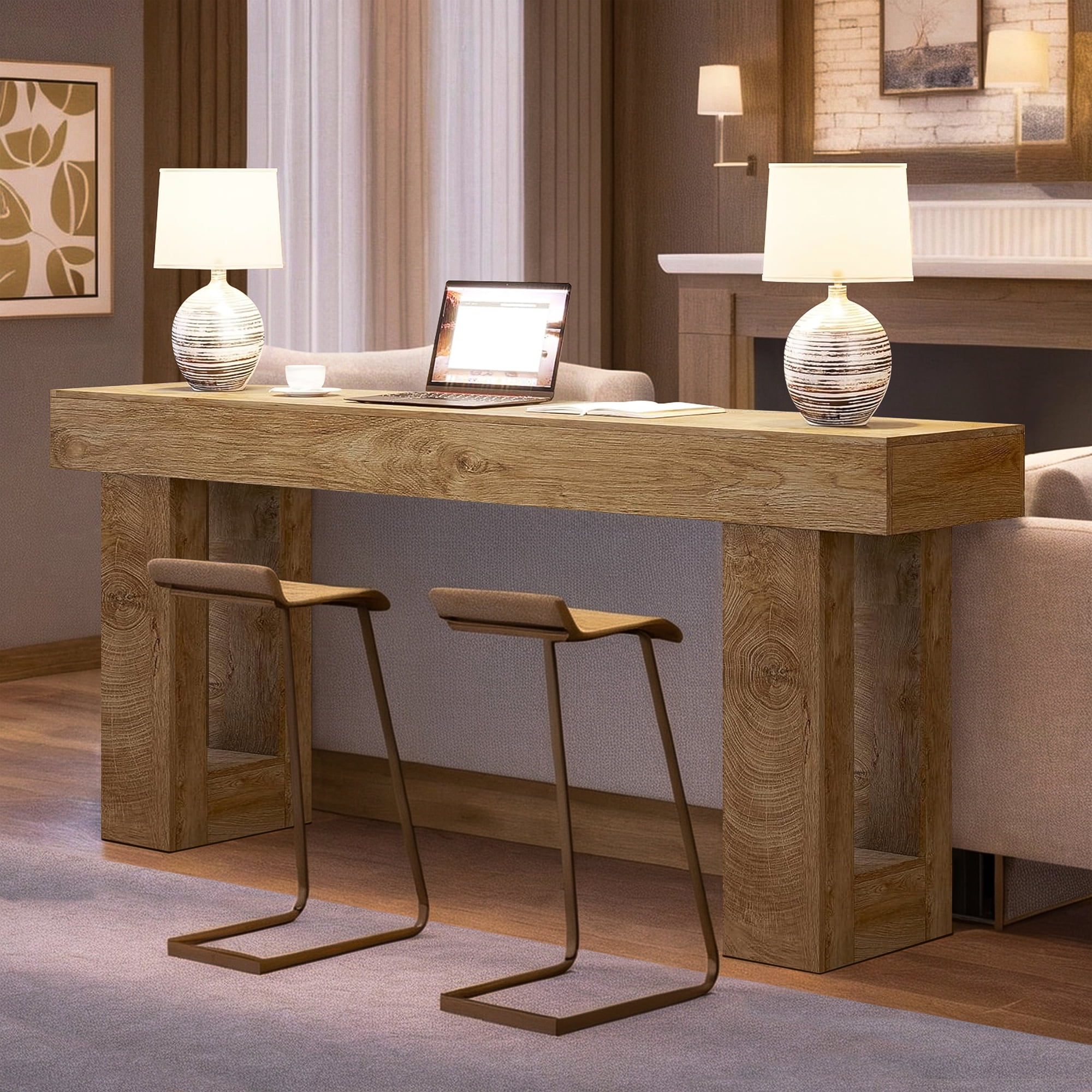 Demi Bonn 63" Console Table, Farmhouse Wooden Sofa Table Entryway Table for Hallway, Entrance, Living Room, Bedroom, Light Brown