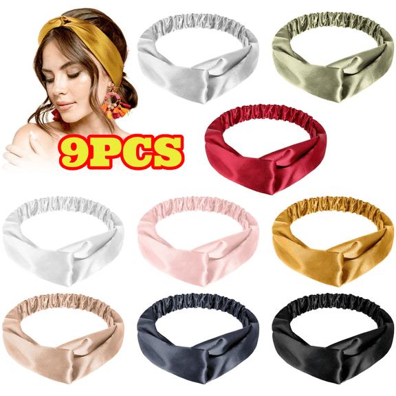9pcs Silk Satin Headbands for Women, Multi-Color Elastic Hair Wraps, Decorative Headbands for Yoga, Face Washing
