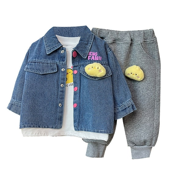 Mercatoo Children's Flower Denim Coat   Top   Pants Three Piece Female Leisure Clothes Spring Crop Top And Skirt Set for Teens