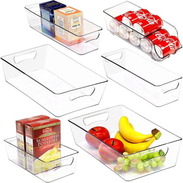 Simple Houseware Clear Bins for Freezer and Kitchen Pantry Organizer, 6 Packs ( 2 Large, 2 Long Container, 1 Standard, 1 Medium)