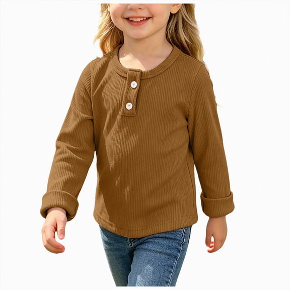 NIEWTR Fall Winter Clothes Girls Long Sleeve T-Shirt Casual Solid Round Neck Side Slit T Shirt Girls Lightweight Tops 2t 3t 4t 5t 6t 7t(A-Brown,6-7 Years)