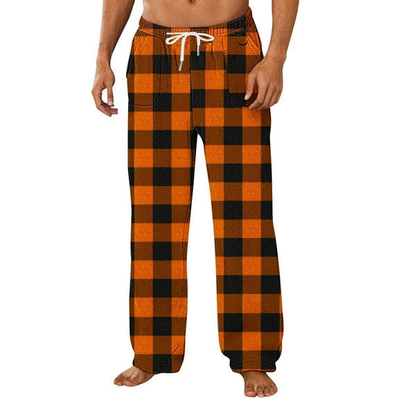 Men's Plaid Casual Home Pants Soft Flannel Straight Leg Lounge Sleepwear Warmth Elastic Waist Long Pant