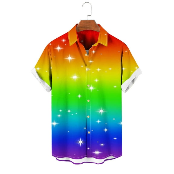 Dianli Cotton T-Shirts for Men Button Down Rainbow Graphic Loose Fit Tops Lapel Collar Short Sleeve Tee Tops for Man Athletic Preppy Style Shirts for Office Casual Multicolor L