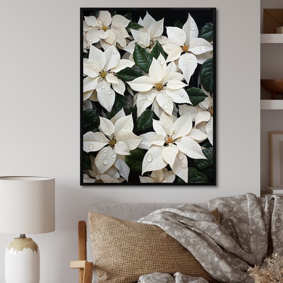 Designart "Serenade Of Wild White Poinsettia" Poinsettias Floater Framed Wall Art Prints