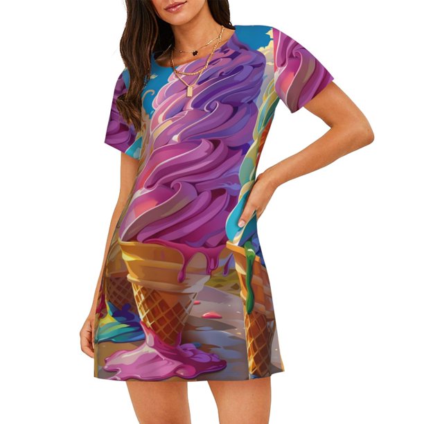 Disketp Rainbow Melting Ice Cream para Camisón Corto de Manga Corta para Mujeres, Camisón Cómodo con Escote Redondo, Bonito y Confortable