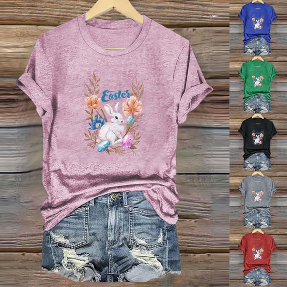 VBTAPA Easter Shirt for Women Bunny Shirts Cute Rabbit Graphic Tee Christian T-Shirt Easter Eggs Graphic Casual Tee Tops Daily Sales Black L