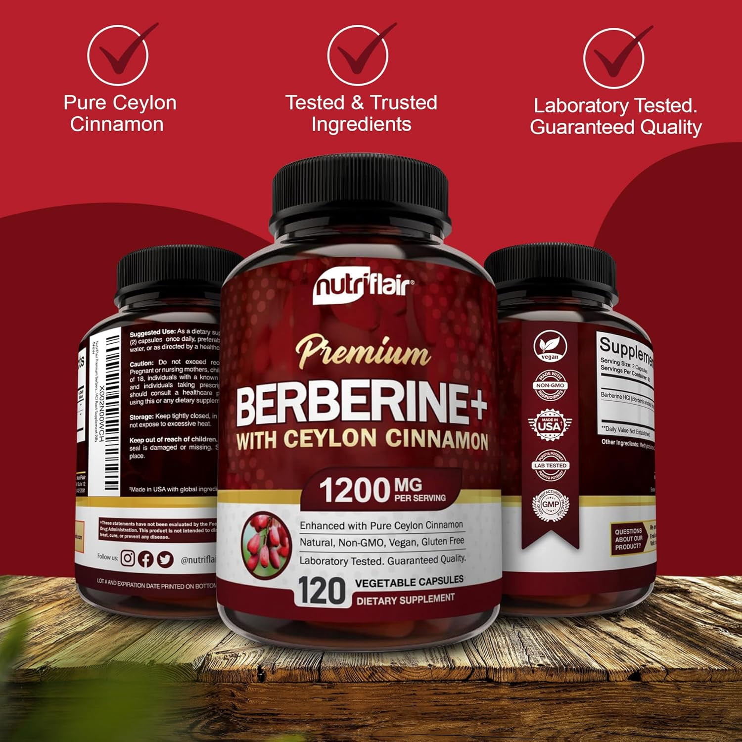 NutriFlair Berberine HCl 1200mg with Ceylon Cinnamon, 120 Capsules – High Potency Berberine Supplement, Non-GMO, Made in USA, 2-Month Supply