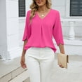 thumbnail image 2 of YueHuiYing Women's Fashion Solid-Color Chiffon Blouse with Mid-Length Sleeves Pleated V-Neck Loose Fit, 2 of 7