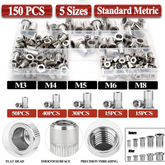 iMeshbean 150pcs Stainless Steel Rivet Nut Kit Metric Rivnuts Nutsert Assorted M3-M8 Set