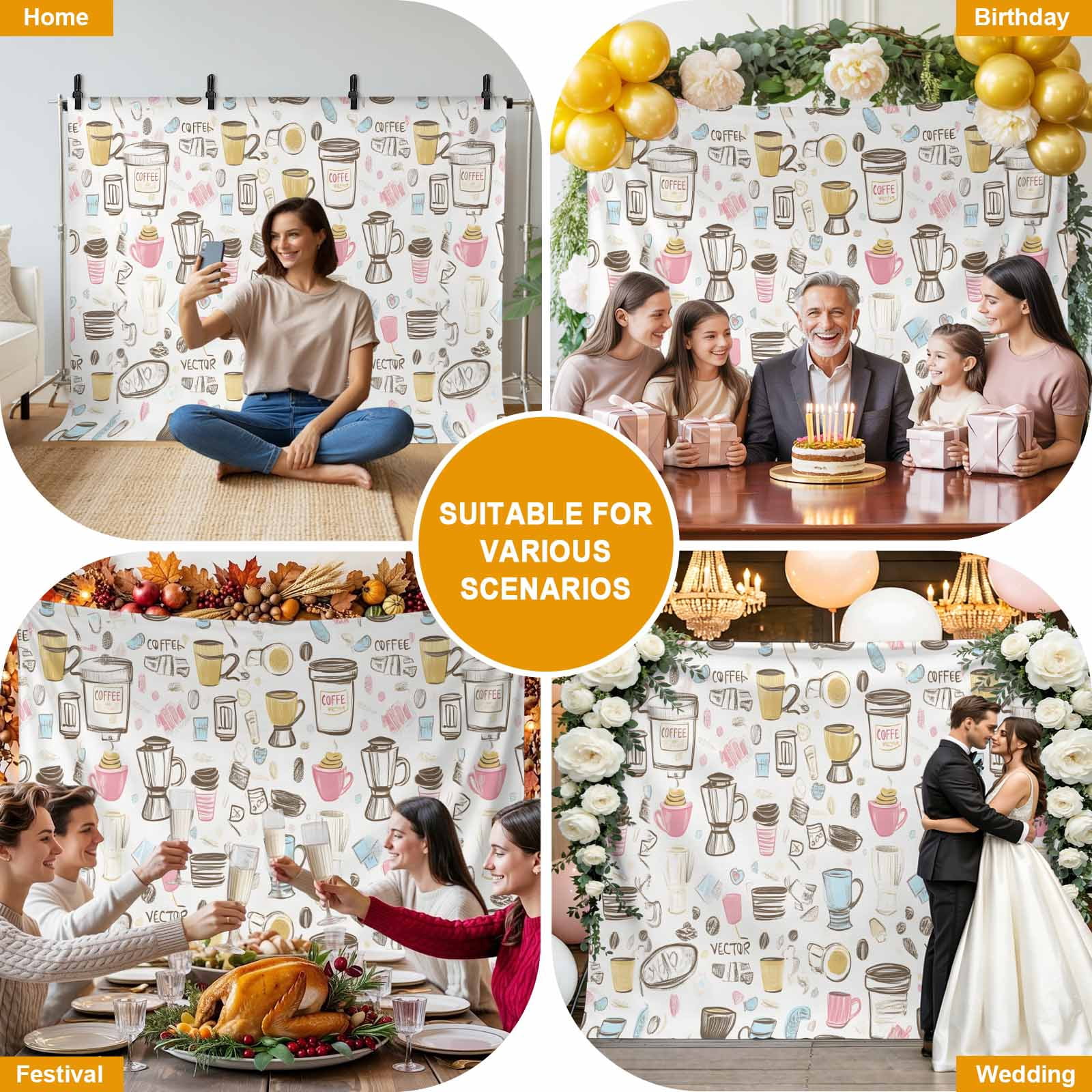 Coffee Backdrop for Photography, Cartoon Modern Hand Painted Photo Backdrop Portrait Background Party Banner Photo Backgrounds for Studio Booth Props, 7x5ft