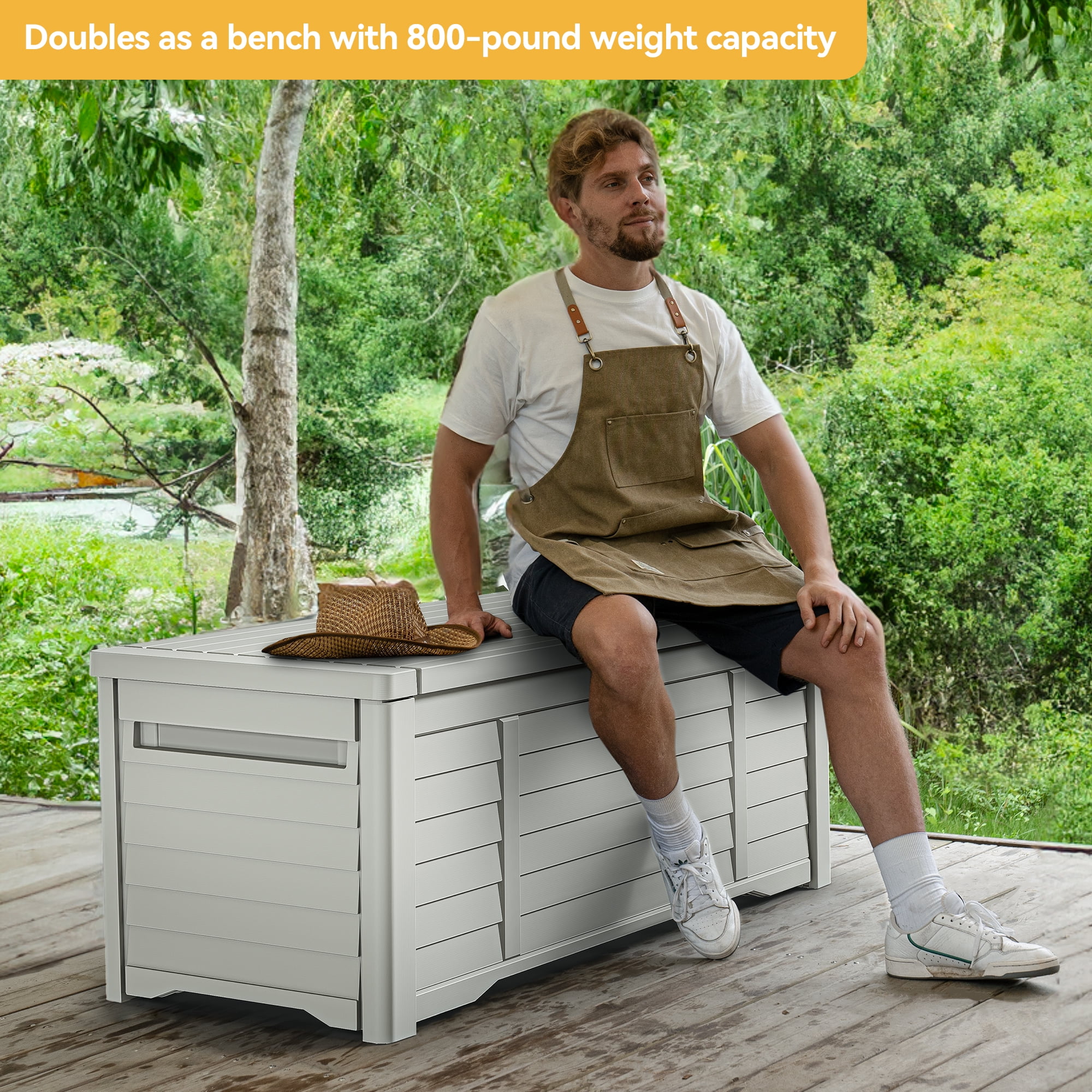 Dextrus 120 Gallon Outdoor Waterproof Resin Deck Box, White, Storage & Seating Function