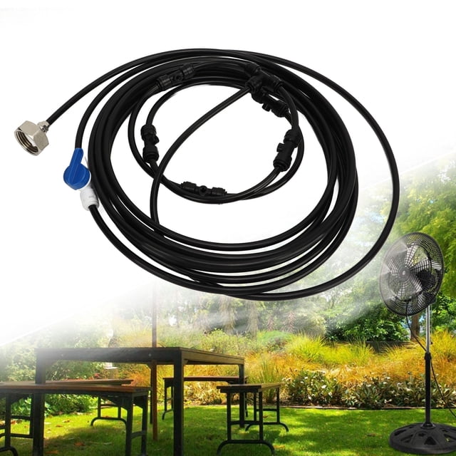 Kit de Nebulización de Ventilador para Patio Al Aire Libre Jardín Invernadero Brisa Adaptador de 3/4 Manguera de 197 Pies 6 Boquillas