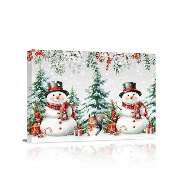 Winter Christmas Canvas Print Wall Art Framed Canvas Art Wall Decor Snowman Berries Squirrel Tree Pine Cones Pictures Painting Morden Artwork for Living Room Bedroom, Ready to Hang - 12"x16"