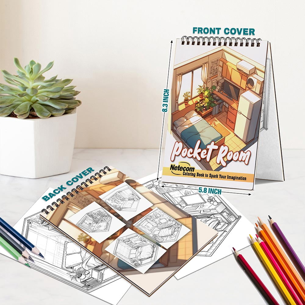 Netecom Pocket Room Coloring Book for Adults, A5 Wooden Cover, 30 Beautiful and Cozy Rooms Coloring Pages Of Mini World for Stress Relief and Relaxation, Spiral Bound Edition