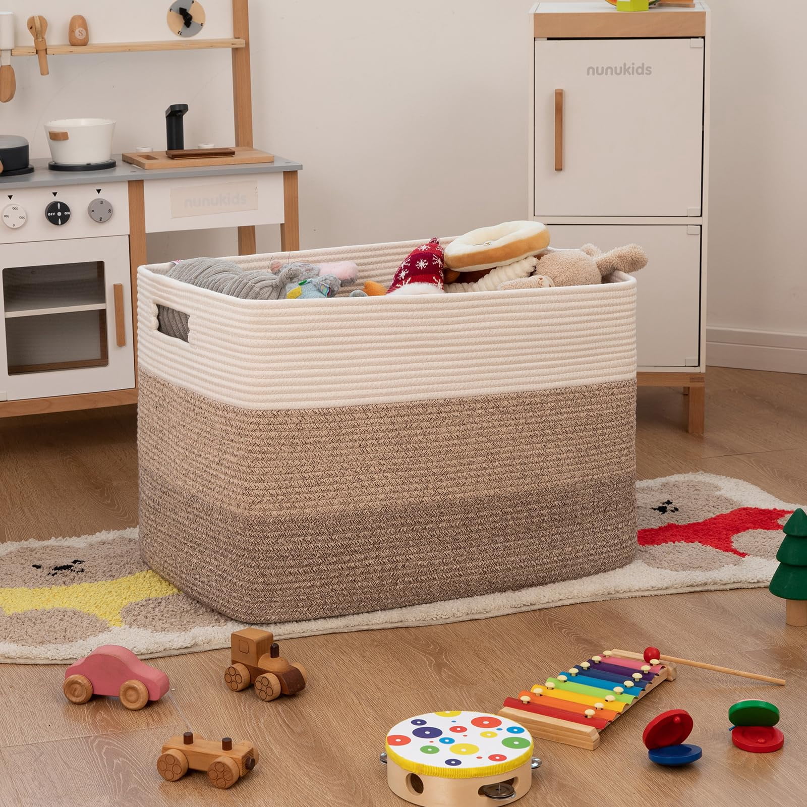 75L Large Blanket Basket（25"x16"）,Large Blanket Basket for Organizing, Dog Toy Bin,baby laundry basket,Cotton Rope Blanket Basket for Living Room, Laundry, Nursery, Pillows (White and Brown)