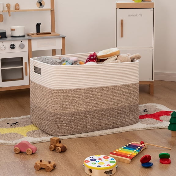 75L Large Blanket Basket(22"x17"),Large Blanket Basket for Organizing, Dog Toy Bin,baby laundry basket,Cotton Rope Blanket Basket for Living Room, Laundry, Nursery, Pillows (White and Brown)