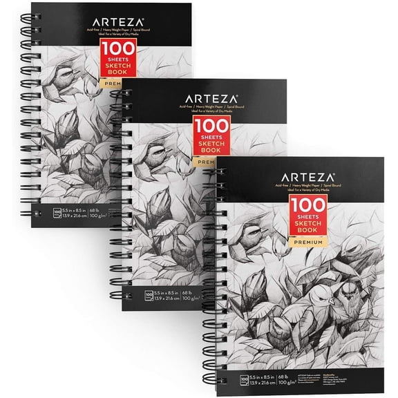 Arteza Sketchbook Pack, 5.5" x 8.5", 100 Sheets, 3 Pack