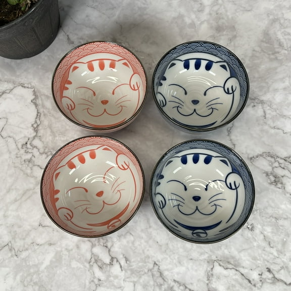 4 pcs Ceramic Lucky Cat Bowl Gift Set Blue Pink, Dinning Bowl