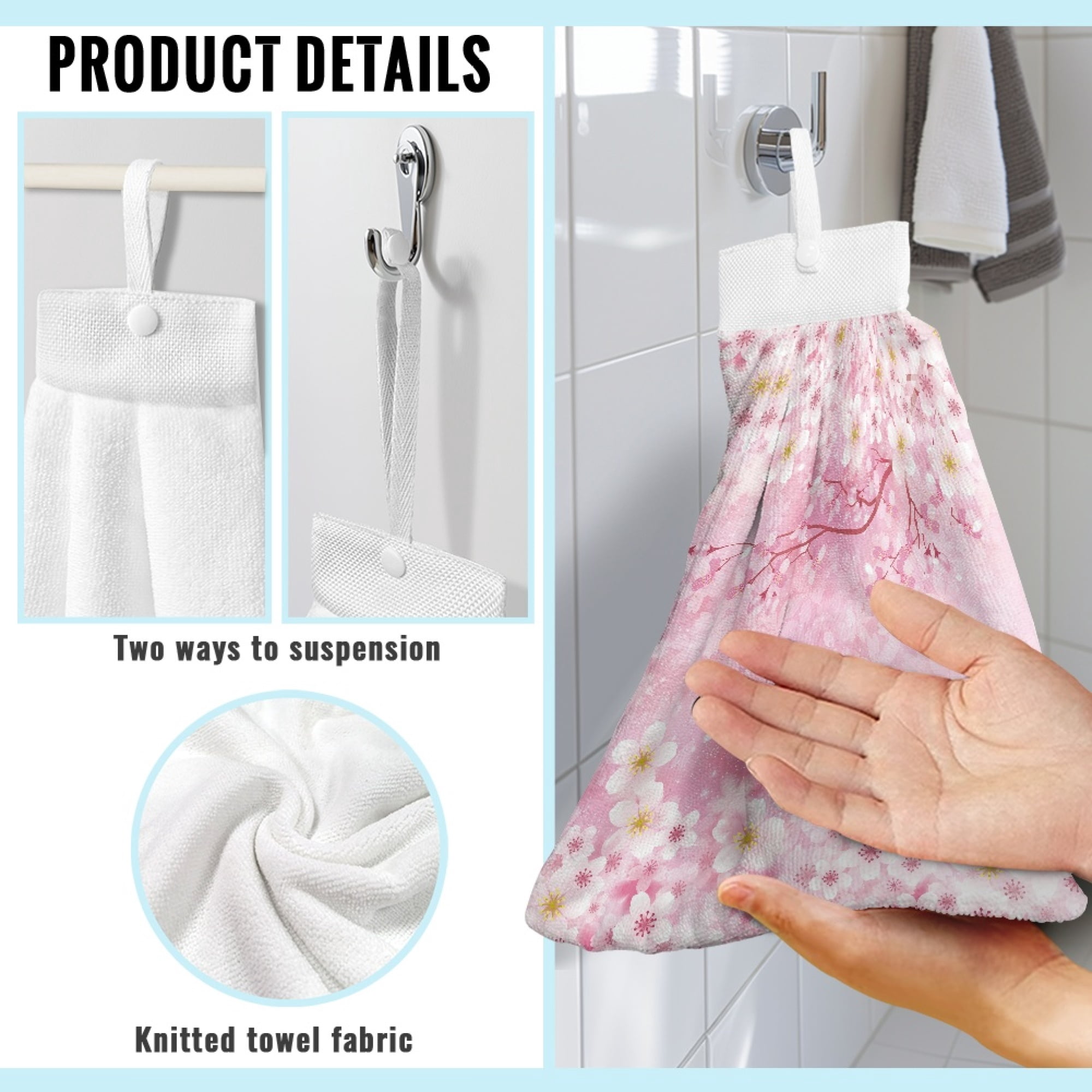 ZIATUBLE Cherry Blossom Hanging Kitchen Dish Towel with Hanging Loop Bathroom Hand Bath Towel Set 2 Pack Machine Washable Hanging Dual-Purpose Hand Towel Dish Cloth Easy to Install Tie Towel