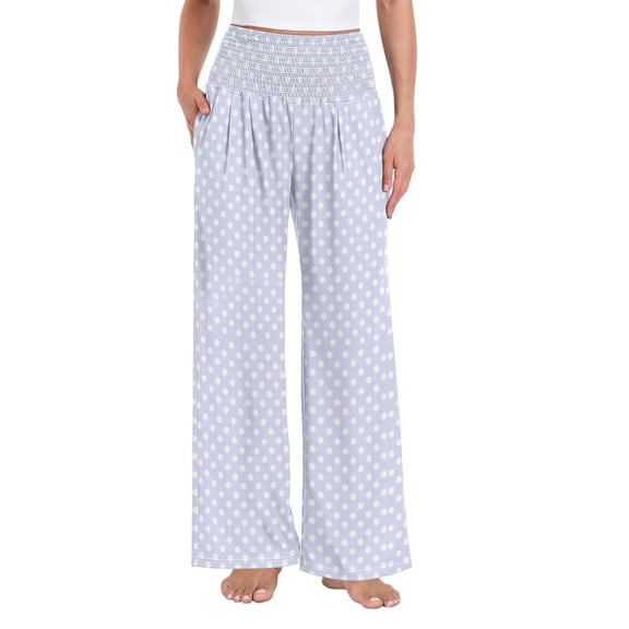 Women's Casual Pants & Capris, Soft Stretch Smocked with Pockets, Cotton-like Modal for Home/Yoga Exercises, Light Blue Polka Dots 1,S