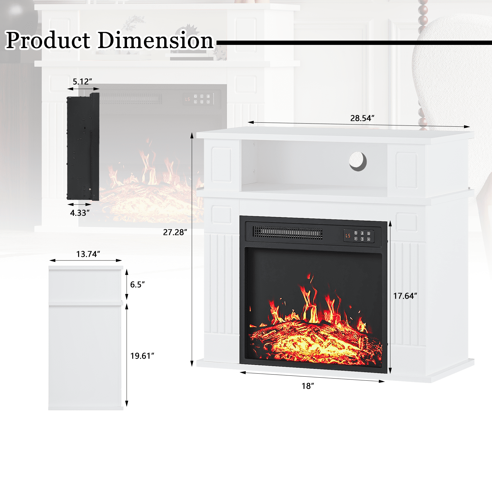 Waleaf 28" Electric Fireplace with Mantel Wooden Surround Freestanding Firebox for Living Room,White