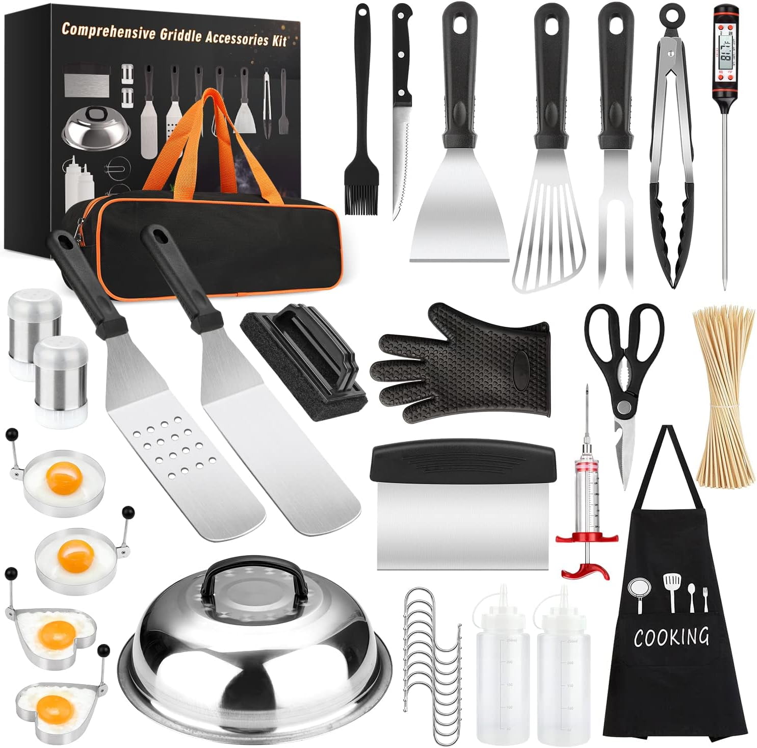 Griddle Accessories Kit, 144 Pcs Griddle Grill Tools Set for Blackstone and Camp Chef, Professional Grill BBQ Spatula Set with Basting Cover, Spatula, Scraper, Bottle, Tongs, Egg Ring (Rectangular)