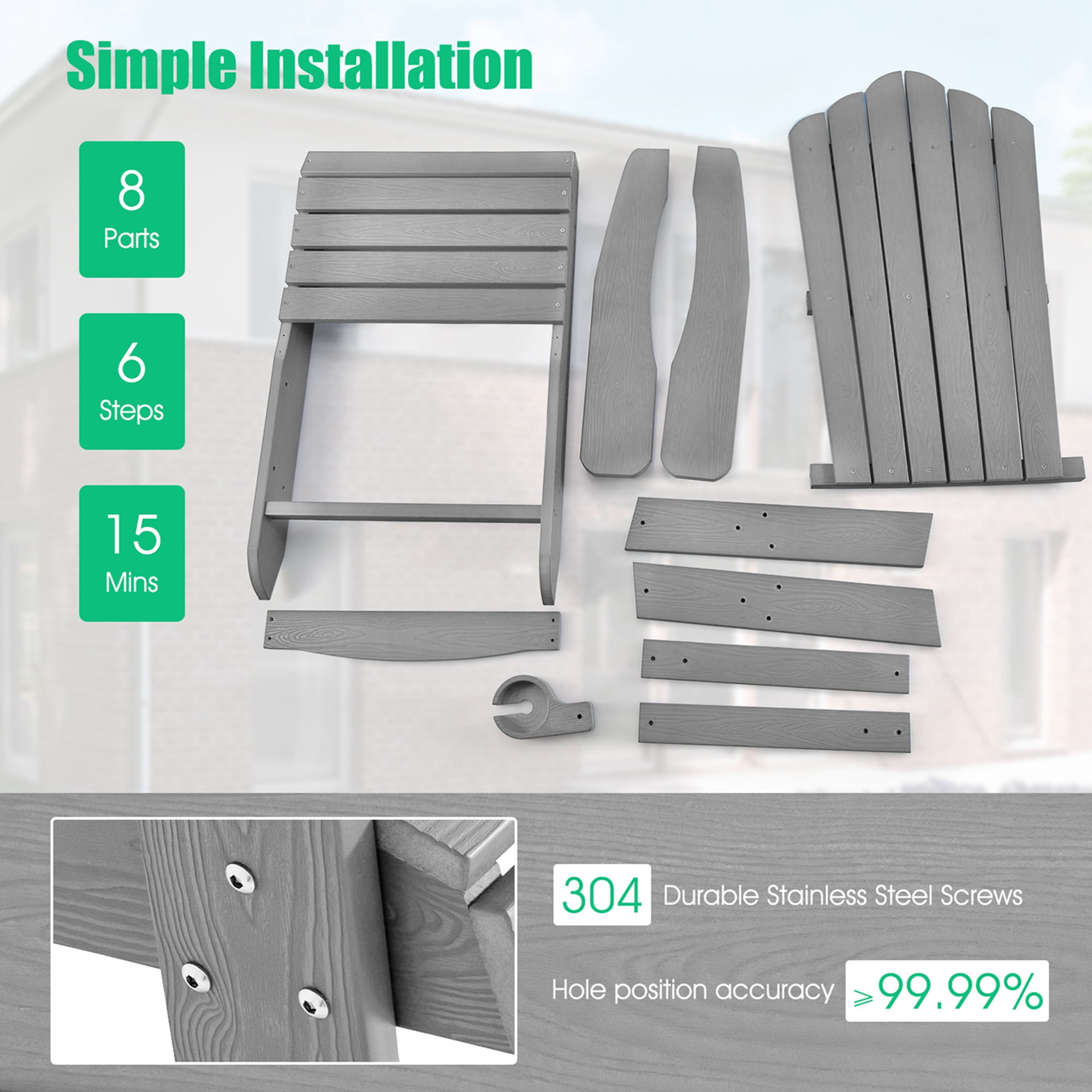 Costway Adirondack Chair HIPS Adirondack Chair with Cup Holder & Cushion Grey