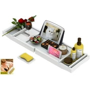 Bathtub Caddy Tray for Luxury Bath - Bamboo Waterproof Expandable Bath Table Over Tub with Wine and Book Holder and Free Soap Dish (White)