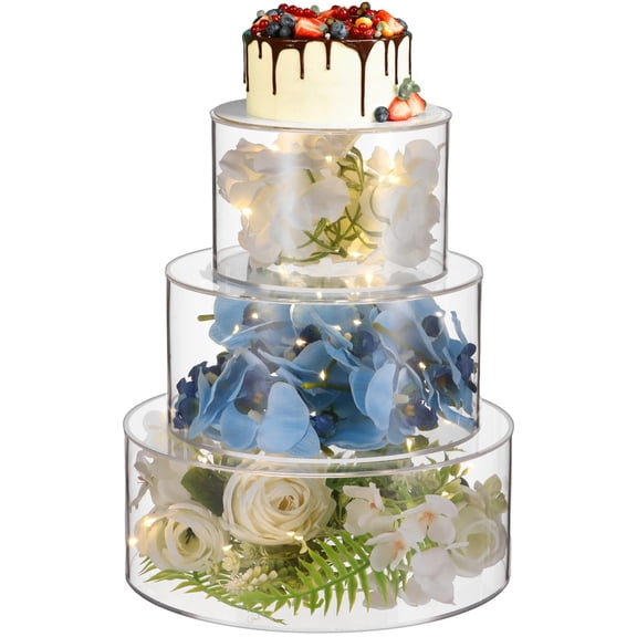 3 Pcs Acrylic Cake Stands with LED Lights, 6'', 8'', 10'' Transparent Round Cake Decoration Display, Clear Fillable Cake Riser for Birthday Wedding Holiday Party Display