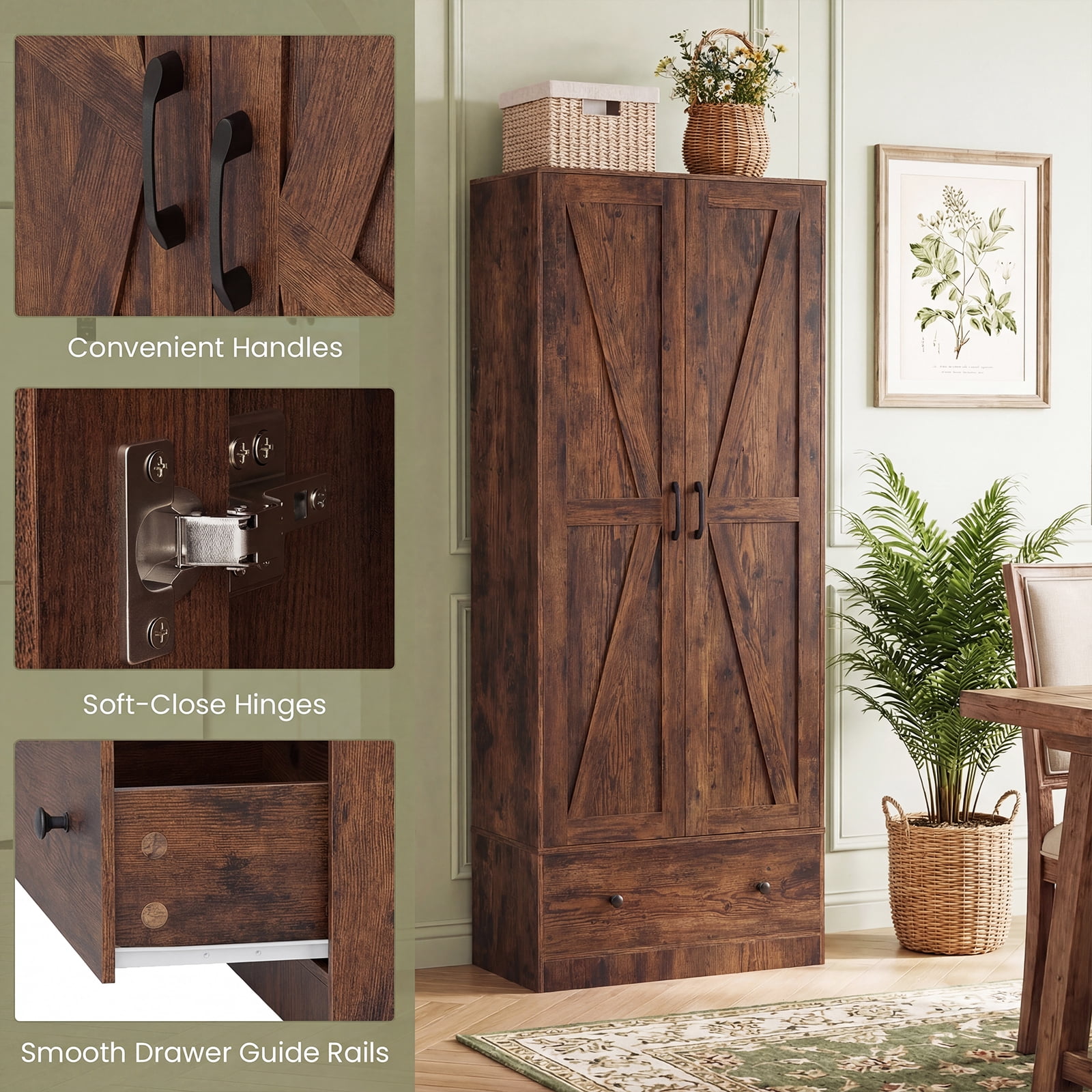 Costway 72" Tall Kitchen Pantry Cabinet, Farmhouse Wooden Cupboard with 2 Doors, Drawer Rustic Brown